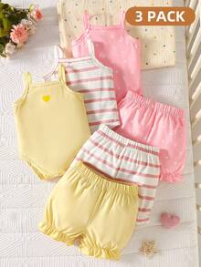 6件套新生女婴夏季针织条纹星形印花连体衣+灯笼裤套装 - 彩色 - 查看 1