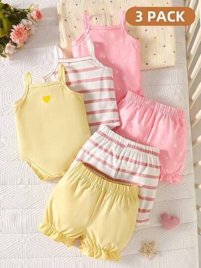 Bộ đồ 6 món cho bé gái sơ sinh mùa hè, dệt kim, kẻ sọc và in hình ngôi sao, gồm áo liền quần và quần lửng.