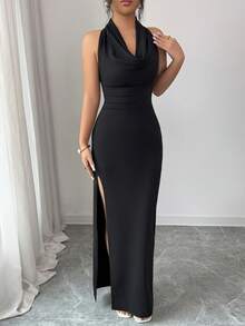 Selianne Đầm dài 3 trong 1 dành cho nữ, xẻ tà cao gợi cảm, cổ áo xếp ly, đầm trễ vai, thích hợp cho lễ hội, kỳ nghỉ biển, tiệc trà, phong cách tối giản, đầm thanh lịch, đầm đen, dạ hội tốt nghiệp, trang phục đi biển, trang phục dự đám cưới, trang phục mùa hè. - màu đen - Xem 3