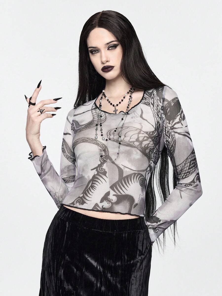 ROMWE Spring/SummergraphicGothic Tie Dye Watercolor Snake Totem Print Fitted Backless Mesh Top For Women - Multicolor - View 1
