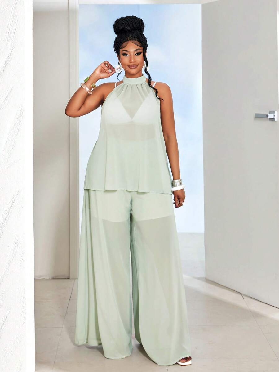 Maweii Plus Size Women's Light Green Sleeveless Top & Wide Leg Pants Two Pieces Set, Elegant Fit For Spring & Summer Office & Casual Outings - Mint Green - View 1
