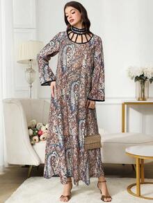 Yasmyna Conservative Vacation Retro Print Belted Women's Arabian Dress - Burgundy - View 5