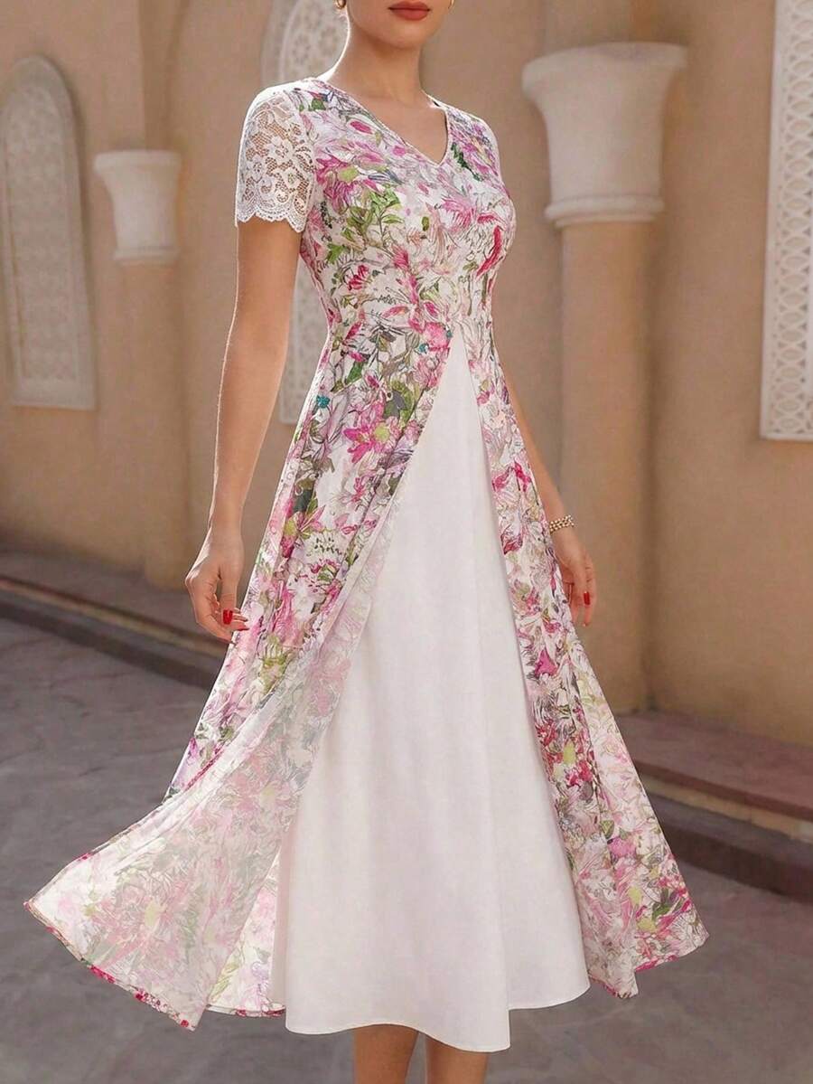 Amorya 女士优雅浪漫黑色花卉印花层叠蕾丝边长连衣裙，超长裙摆