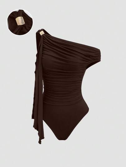 Sweetra Black Metal Buckle Decor Asymmetric Ruffle Bodysuit, Super Stretchy Women's Spring/Summer Fashion, Minimalist Commute, Vacation, Elegant Everyday Versatile