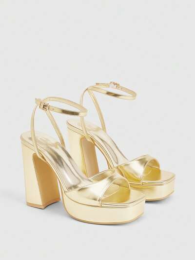 CUCCOO LuxiPop Women's Gold Metallic PU One-Strap Design Fashionable Sexy Street Style High Platform Chunky Heel Sandals, Suitable For Spring/Summer, Vacation Outfits, Travel Essential, 2000s Style Summer Shoes