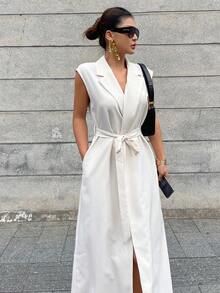 DAZY 女士翻领系腰无袖常规外套 - 米色 - 查看 4