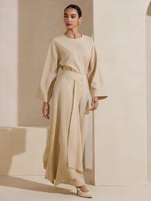 Graceveil Casual Long Sleeve Top & Flared Skirt Arabic Style Set For Women, Apricot Color - Apricot - View 5
