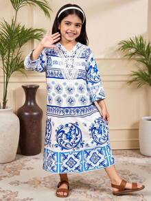 SHEIN 少女优雅简约可爱大花领连衣裙，秋季 - 藍色 - 查看 9