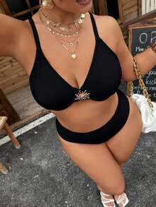 Nuevo conjunto de traje de baño de tiras de espagueti color fucsia para mujer talla, incluye top corto ajustado y Bottom tipo cheeky, estilizador y levantador, adecuado para vacaciones y ocio - Negro - Ver 5