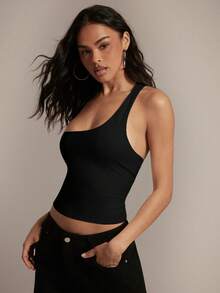 Hauture Áo tank top nữ không tay, cổ lệch, màu trơn, thời trang mùa hè, dáng ngắn ôm sát. - màu đen - Xem 4
