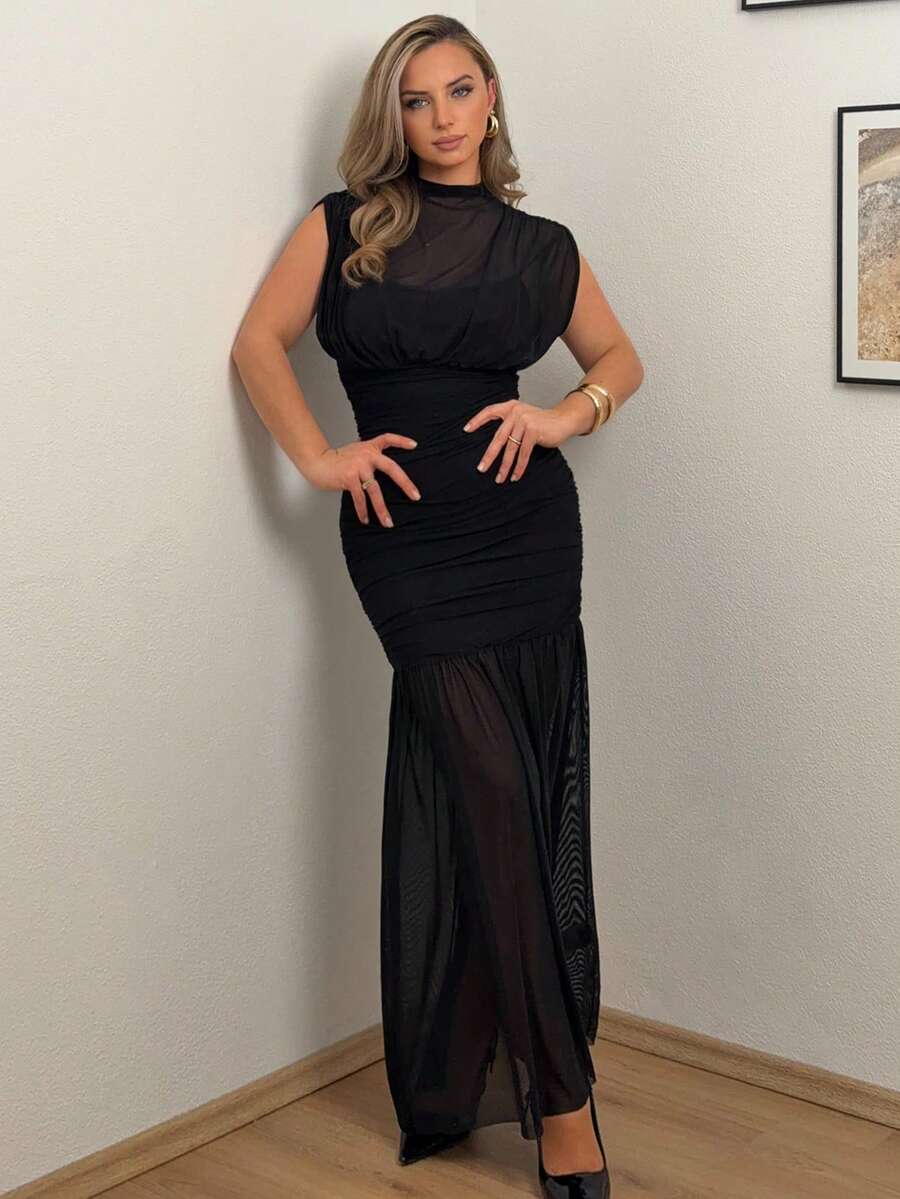 Jeta Ari Black Wrap Shawl Elegant Sheer Ruched Dress, Suitable For Romantic Dates, Parties, Formal Gatherings, Bridesmaid Dresses, Women's Summer Dress, Tea Party Dress, New Year, Valentine's Day, Birthday Mini Dress, Black Dress Black Dress Elegant - Black - View 1