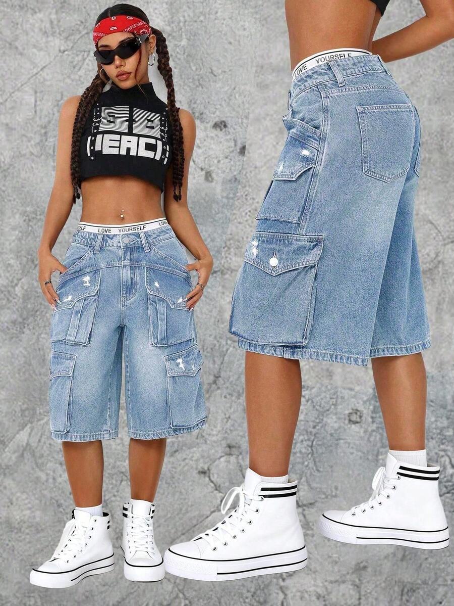 SHEIN ICON Quần short denim ống đứng dáng rộng thoải mái dành cho nữ, có túi, kiểu quần cargo mùa hè. - Rửa nhẹ - Xem 1