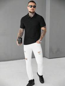 SLATEMANN Camisa polo casual de manga corta de unicolor para hombre, camisa polo de punto abotonada para hombre, polo negro para hombre, polo texturizado para hombre - Negro - Ver 3