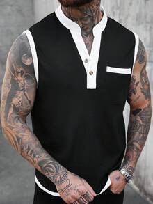 Manfinity Homme 男士舒适华夫格V领背心，袖口、领口和口袋采用撞色设计，休闲百搭，适合度假、派对、聚会、运动、办公等场合，经典日系风格，畅销百搭男士背心，自穿或送礼皆宜，春秋皆宜。 - 黑與白 - 查看 1