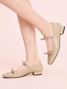 CUCCOO DOLLMOD 法式方头蝴蝶结女鞋 低跟低鞋面 时尚通勤两穿玛丽珍鞋 - 杏色 - 查看 3