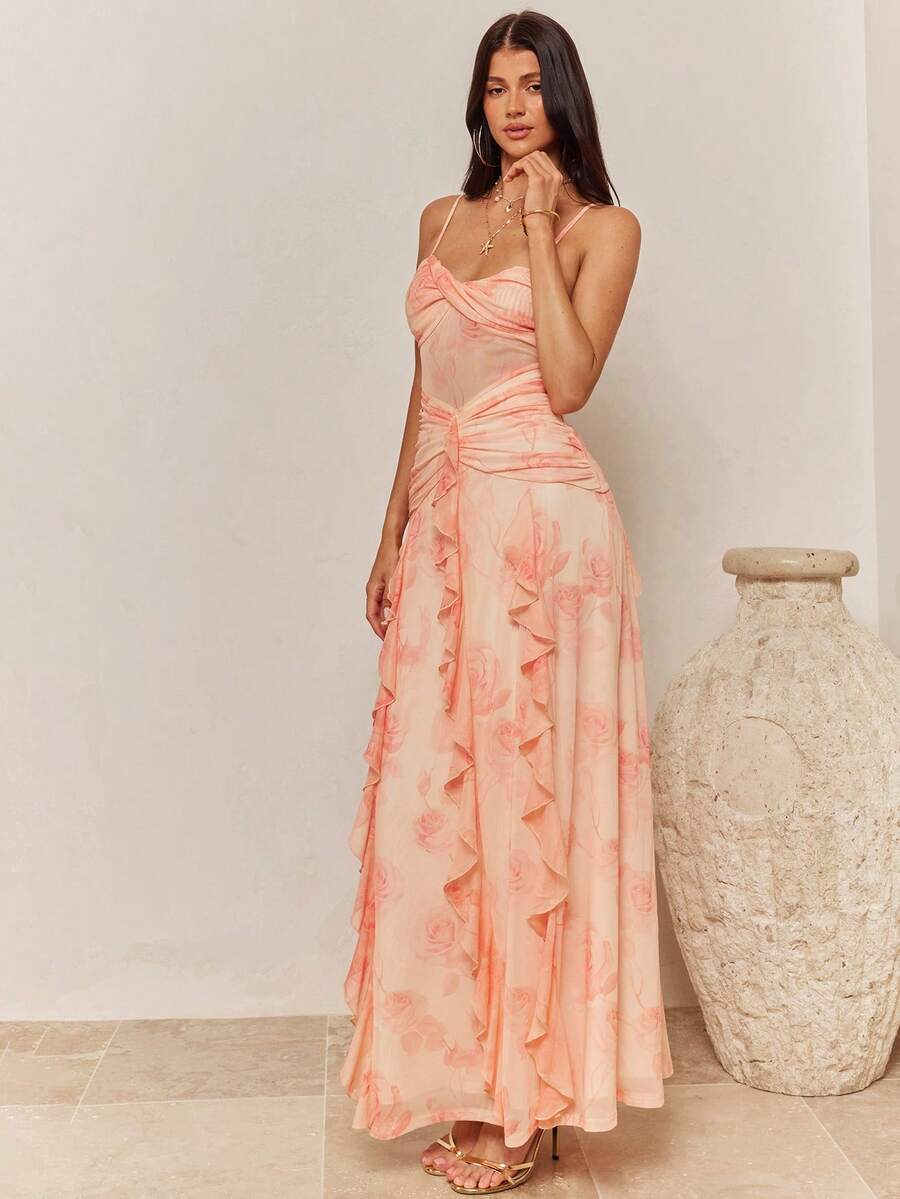 Enchnt 女士夏季沙滩度假印花荷叶边腰带连衣裙 - 粉色 - 查看 1