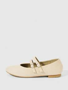 Sleekvia Women Shoes Spring Summer French Gentle Double Buckle Mary Jane Round Toe Flat Bottom Suede Apricot Women's Shoes Dating Afternoon Tea Wear - Apricot - View 7