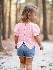 Emery Rose Kids Emery Rose Kids 女婴休闲简约舒适圆领泡泡袖镂空刺绣上衣，适合日常穿着和开学季，粉色女婴夏季衬衫 - 粉色 - 查看 3
