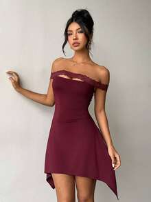 Aloruh Women's Elegant Off Shoulder Lace Patchwork Burgundy Mini Dress,Summer 70's Club Night Party Disco Asymmetrical Hem Night Out Honeymoon Outfit - Burgundy - View 9