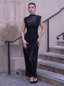 Andrea Bello Black Wrap Shawl Elegant Sheer Ruched Dress, Suitable For Romantic Dates, Parties, Formal Gatherings, Bridesmaid Dresses, Women's Summer Dress, Tea Party Dress, New Year, Valentine's Day, Birthday Mini Dress, Black Dress Black Dress Elegant - Black - View 4