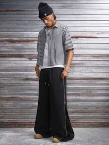 AXEPEAK Celana Jogging Kasual Sehari-hari dengan Tali Serut Longgar dan Motif Patchwork. - Hitam - View 7