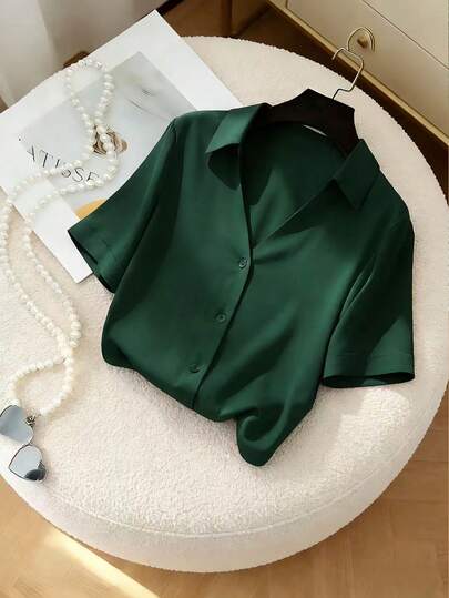 SHEIN Franclia French-Style Elegant Woven Dark Green Casual Everyday Women's Shirt, New Style, Short-Sleeved V-Neck Polo Collar, Loose Fit, Slimming, Elegant Women's Shirt, Elegant Women's Top, Women's Casual Wear, Women's Summer Clothing, Women's Summer Outfits, Classic And Versatile Color New Summer Women's Shirt.Fashionable Casual Commuter Wear, Business Office Wear, Versatile And Stylish Everyday Casual Wear, Urban Teacher's Professional Attire