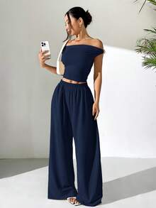 SHEIN EZwear 女士针织不对称肩部上衣和裤子休闲套装，夏季 - 藏蓝色 - 查看 5