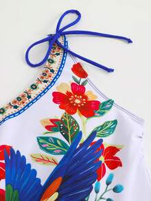 Swim Oasis 2026新款女士两件套定位印花单肩连体泳衣和裙子，鹦鹉和花卉印花沙滩度假休闲泳装套装 - 彩色 - 查看 7