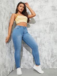 SHEIN ICON Plus Size Women's Fashion Versatile Slim Fit Ankle Pants - Medium Wash - View 4