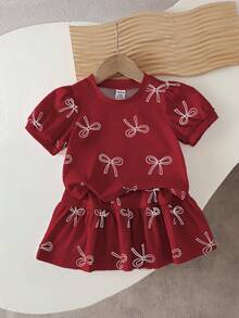 SHEIN Playful Pals 女婴韩版可爱印花粉色蝴蝶针织短袖上衣和配套印花粉色蝴蝶针织裙，夏季 - 酒紅色 - 查看 1