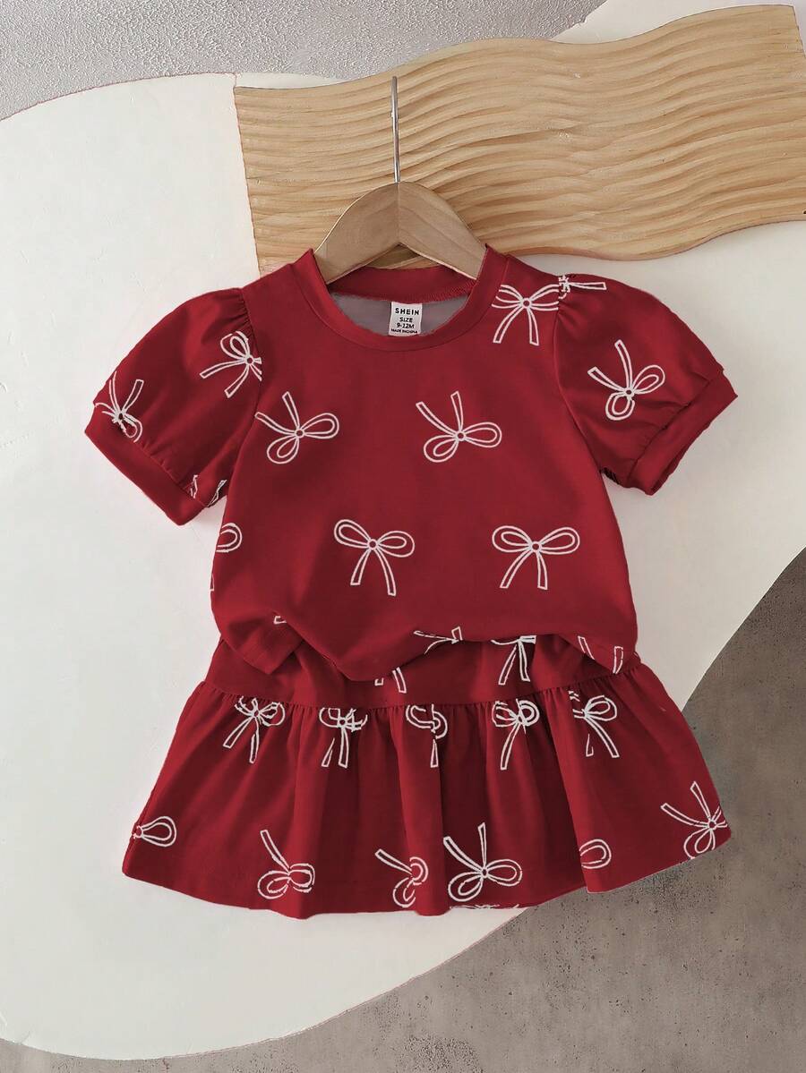 SHEIN Playful Pals 女婴韩版可爱印花粉色蝴蝶针织短袖上衣和配套印花粉色蝴蝶针织裙,夏季 - 酒紅色 - 查看 1