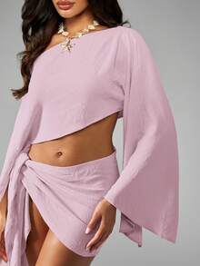 MISSGUIDED 沙滩亚麻质感露肩罩衫，喇叭袖设计，裹身裙摆，适合夏季度假穿着 - 粉色 - 查看 6