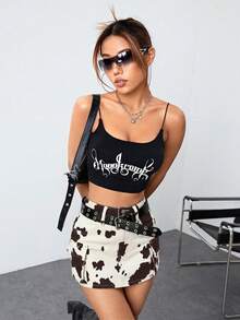 SHEIN ICON 女士复古休闲奶牛印花开衩口袋牛仔迷你裙，夏季 - 彩色 - 查看 6