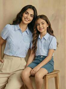 SHEIN Tween Girls' Elegant Vacation Chiffon Pearl Applique Petal Sleeve Blouse, Summer - Blue - View 1