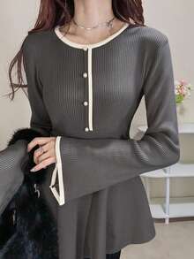 FRIFUL Women's Contrast Color Minimalist Crew Neck Long Sleeve Sweater, Everyday Wear - Dark Grey - View 3