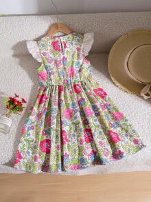 Vestido casual de línea A con estampado floral, cintura ceñida, mangas con volantes y decoración de lazo para niñas, ideal para vacaciones - Multicolor - Ver 4