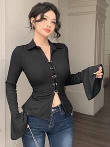 Modelyn Black Knit Ruffle Long Sleeve Shirt With Circular Decor, & Elegant Solid Color,Autumn,Seksi Chic,Club Classy Women Tops For Outings And Dates - Black - View 5