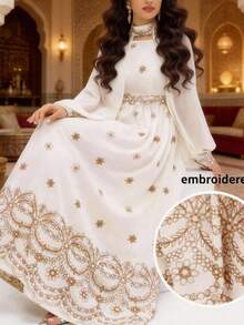 Al Najma 女士撞色印花长袖阿拉伯风格连衣裙 - 米色 - 查看 6