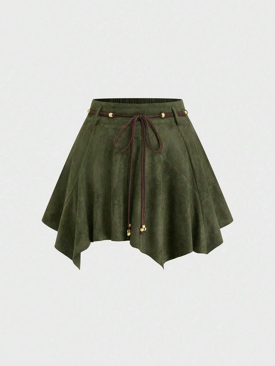 Sweetra Plus Size Sweet Faux Suede Asymmetrical Hem Solid Color A-Line Skirt - Army Green - View 1