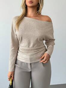 Auralis Plus Size Casual Pleated Oblique Shoulder Long Sleeve T-Shirt, Autumn Spring Women Spring T-Shirt For Women - Apricot - View 1