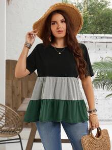 EMERY ROSE Plus Size Women's Black Colorblock Round Neck Short Sleeve Ruffle Hem Casual Tunic Tops,Summer Boho Vacation Blouses For Spring Mother's Day - Fresh Green - View 6