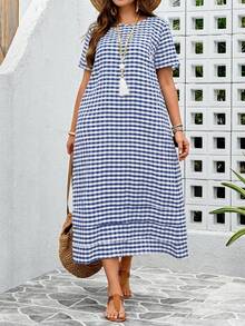 EMERY ROSE Plus Size Women Casual Plaid Print Short Sleeve Dress - Navy Blue - View 5