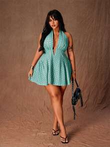 Rustia Plus Size Women's Polka Dot Halter Tie Sexy A-Line Mini Dress - Cadet Blue - View 7