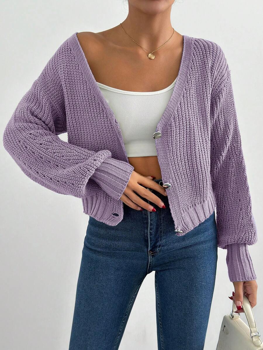 SHEIN Cottnline Casual Solid Color Drop Shoulder Cardigan, Autumn - Lilac Purple - View 1