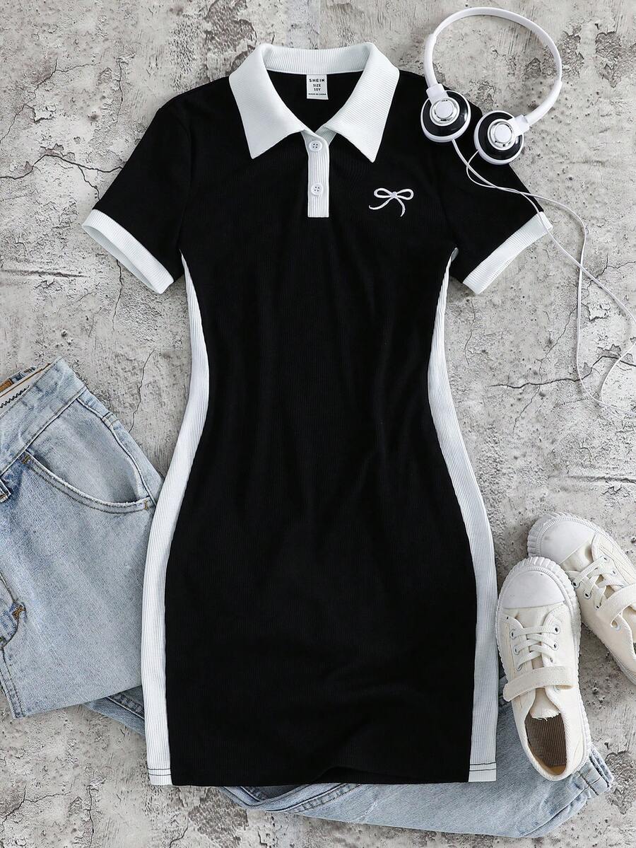 SHEIN Tween Girl Bow Embroidered Polo Collar Short Sleeve Casual Dress - Black - View 1