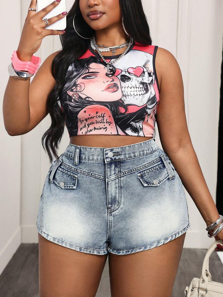 Slaydiva Quần short denim cạp cao kiểu vintage, cỡ lớn, thời trang. - Rửa nhẹ - Xem 1