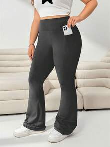 SHEIN Tall CURVE 大码女装秋冬返校休闲家居服瑜伽舒适户外纯黑色针织弹力腰高腰口袋喇叭裤，带口袋打底裤 - 灰色 - 查看 5