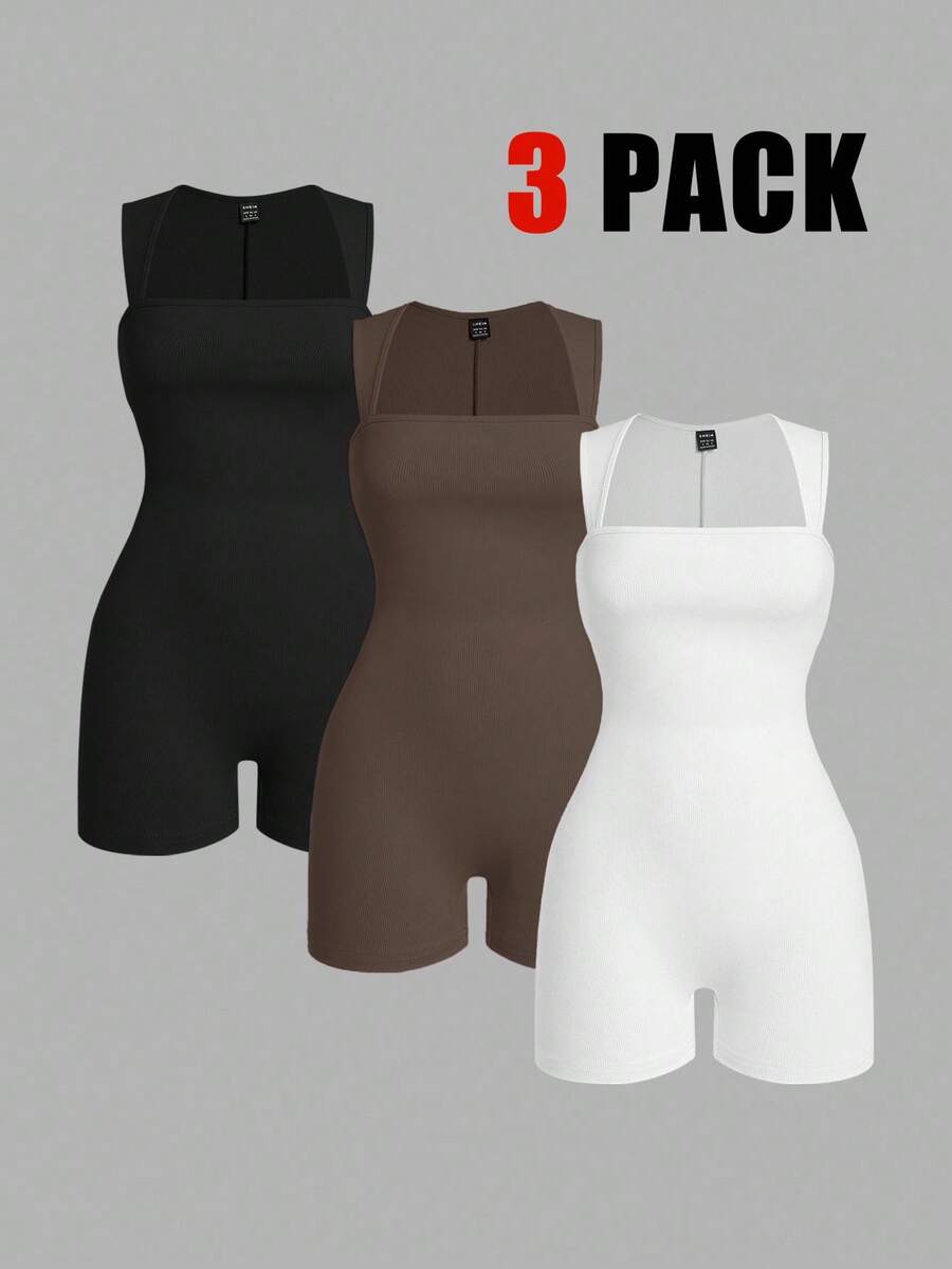 SHEIN EZwear 3件套无袖纯色方领修身连体衣 - 咖啡棕 - 查看 1