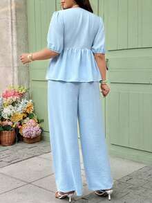 Vionelle 大码蓝色梭织休闲度假优雅长裤和短袖开衫两件套，春夏款 - 藍色 - 查看 3