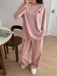 DAZY Conjunto de pijama holgado de 2 piezas con rayas y decoración de manzana linda para mujer - Rosa - Ver 9